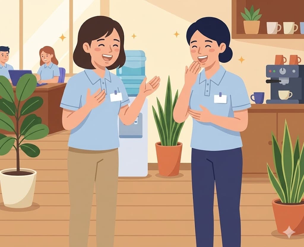 スタッフ同士が笑顔で話し合っている事業所の様子