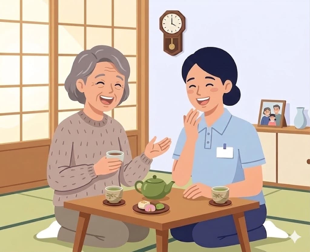 サ責が利用者宅で笑顔で話している様子